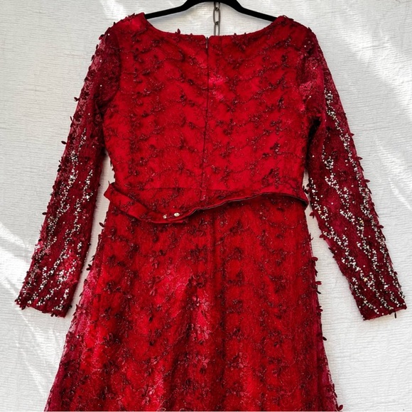 Vintage Beaded Red Gown Maxi Rhinestone Belted Dress 50 Whimsicore - Picture 9 of 14